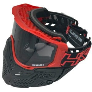 Red and black paintball mask with visor.