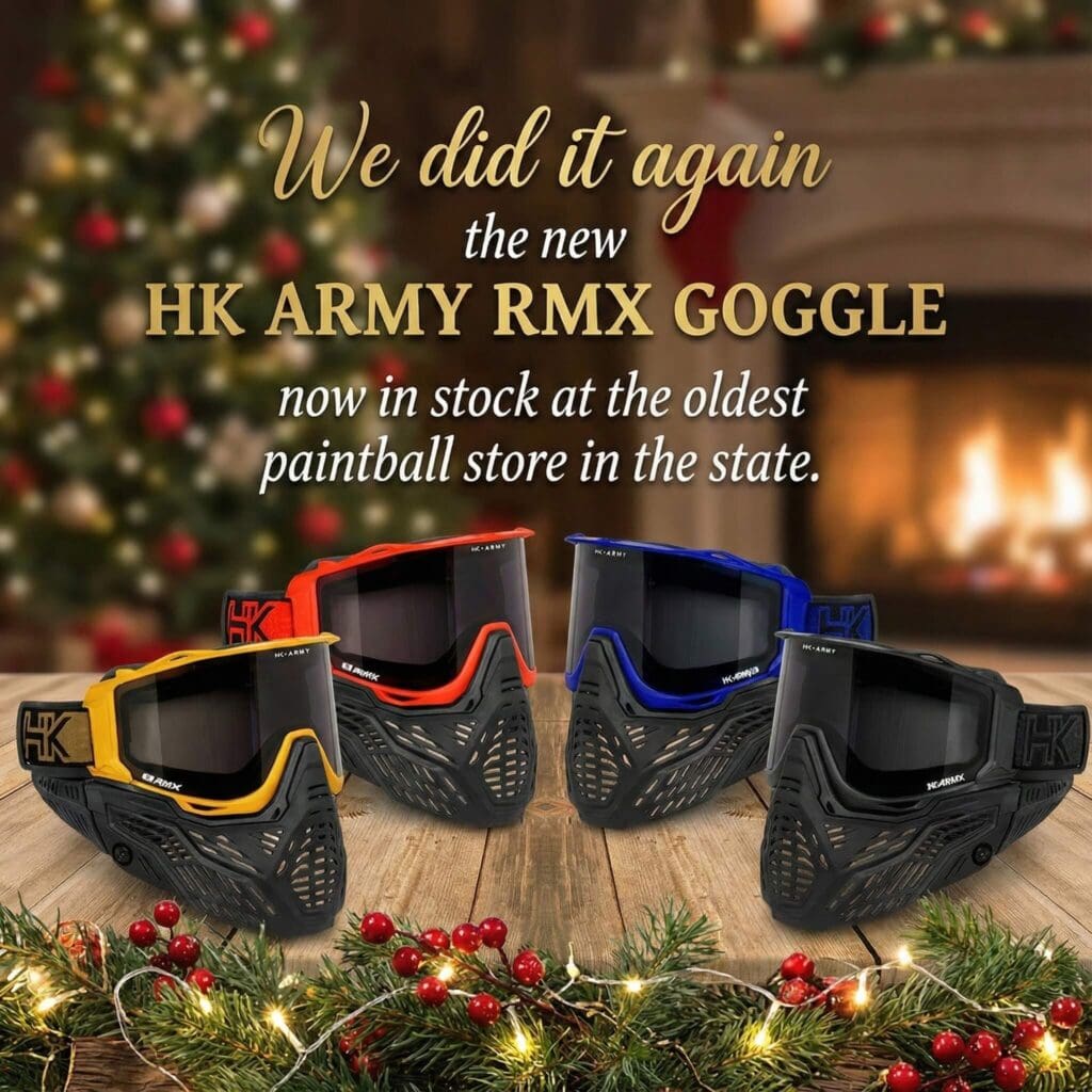 HK Army RMX Goggles by Christmas fireplace.