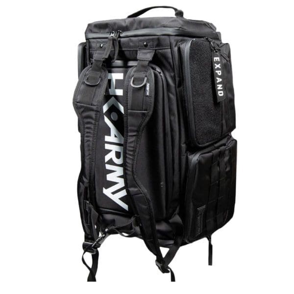 Black tactical backpack with multiple compartments.