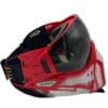Red and white paintball mask, side view.