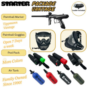 Paintball gun package that shows everything a player needs