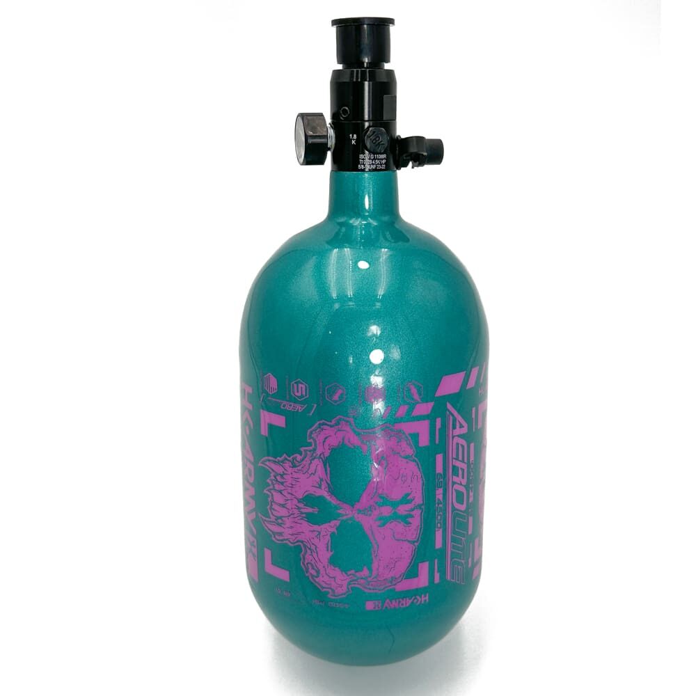 Teal and pink paintball air tank.