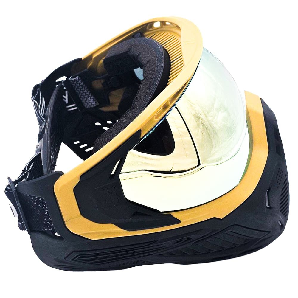 Gold and black paintball mask.