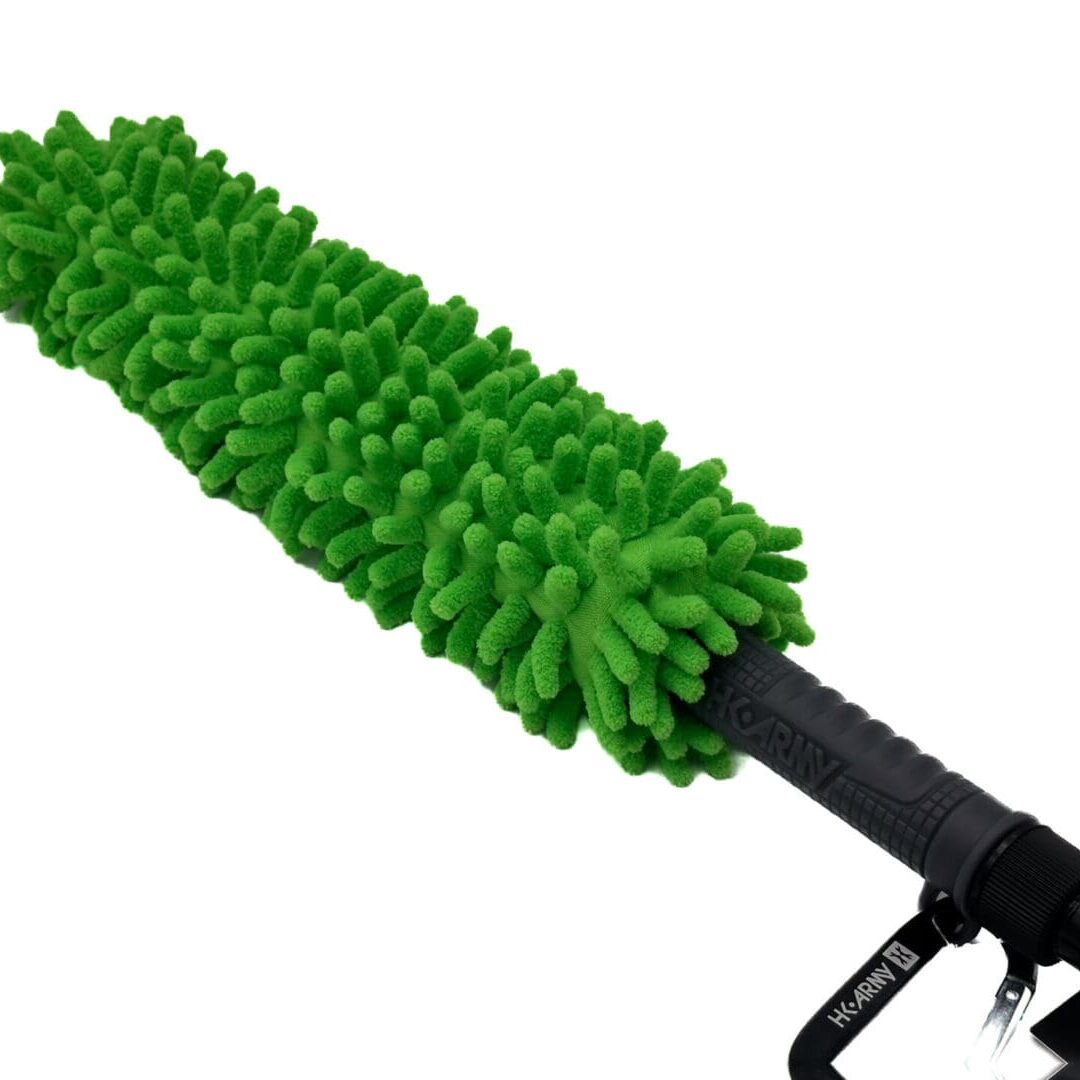 Green microfiber car cleaning brush with handle.