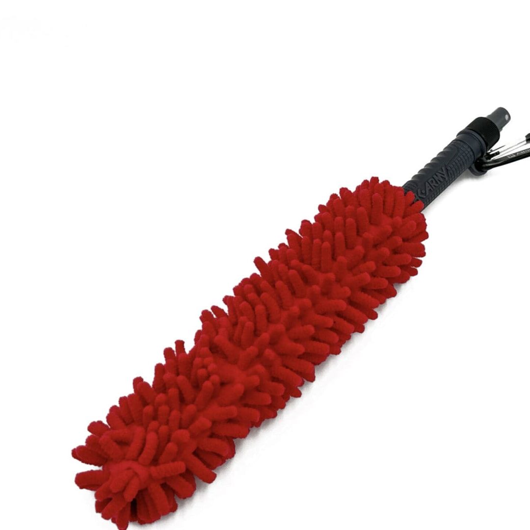 Red microfiber cleaning brush with a clip.