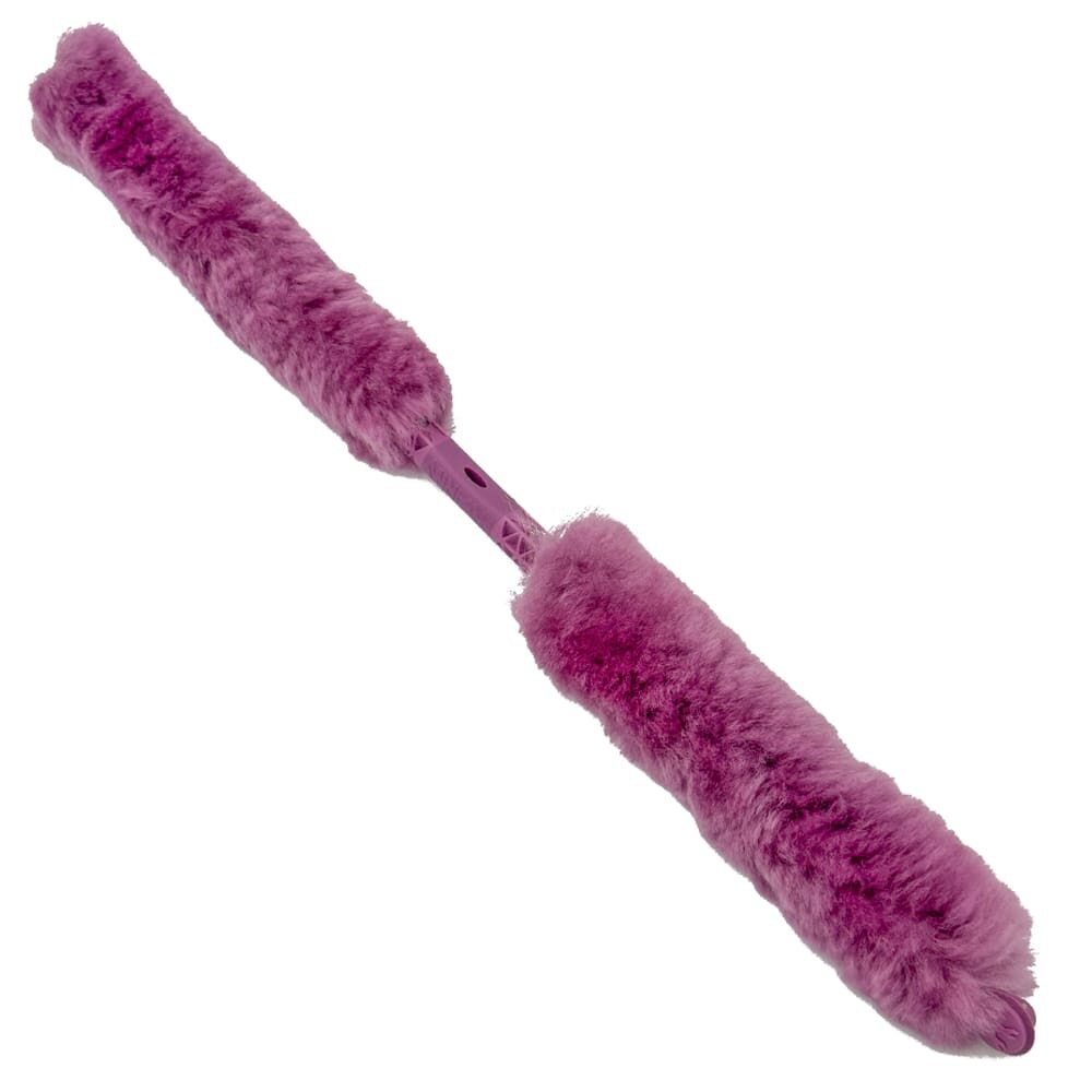 Purple feather duster with plastic handle.