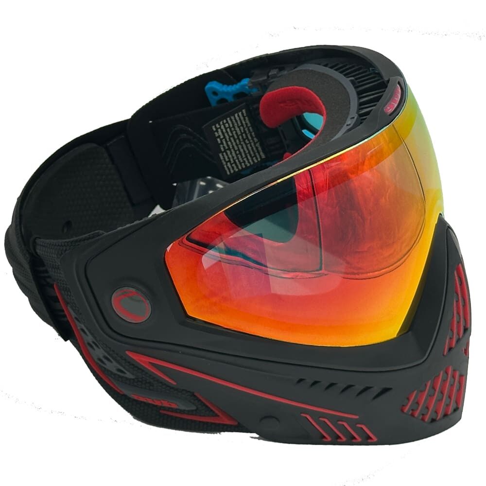 Black paintball mask with red accents.