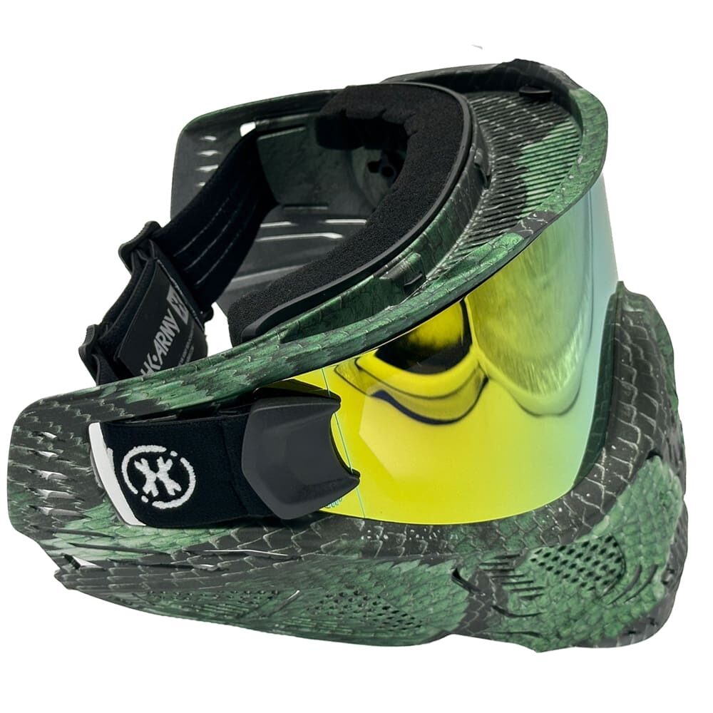 Green camo paintball goggle with yellow lens.