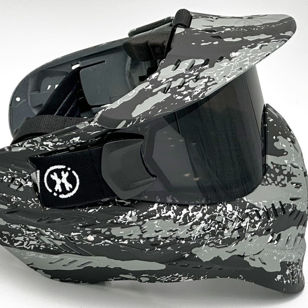 Black and gray camo paintball mask.