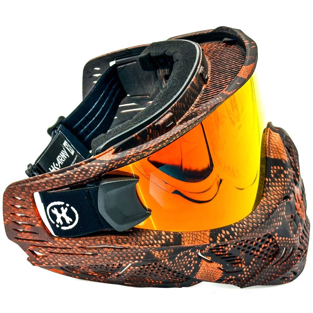 Orange and brown paintball mask with goggles.