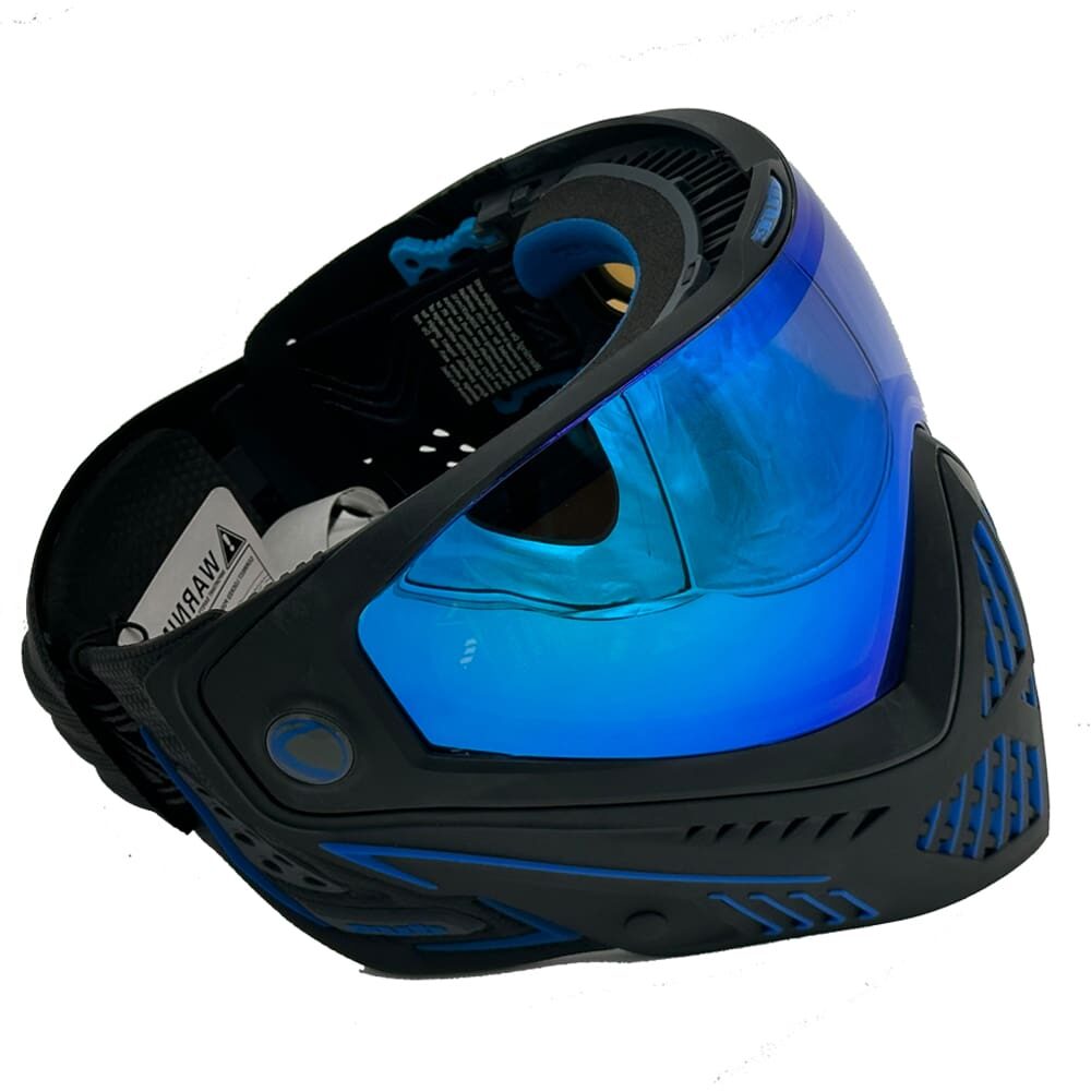 Black paintball mask with blue lens.