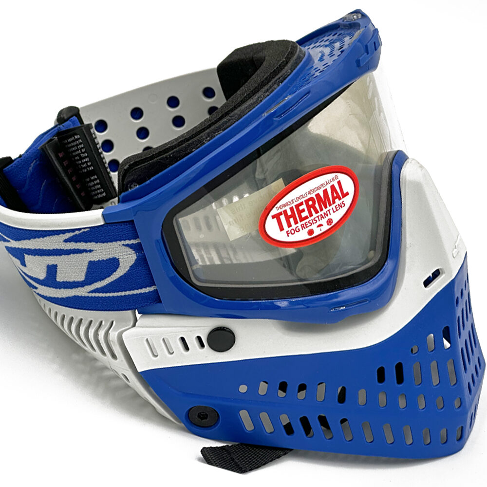 Blue and white paintball mask with thermal lens.