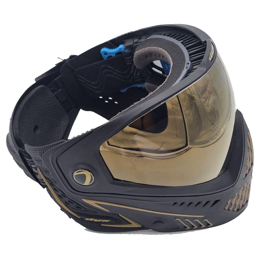 Black and gold paintball mask.