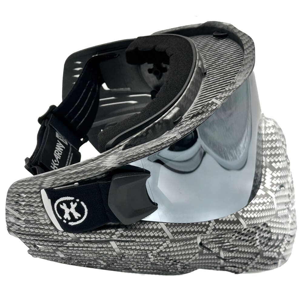 Black and grey paintball mask with mirrored lens.