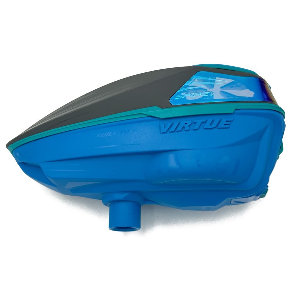 Blue and grey Virtue Spire paintball hopper.